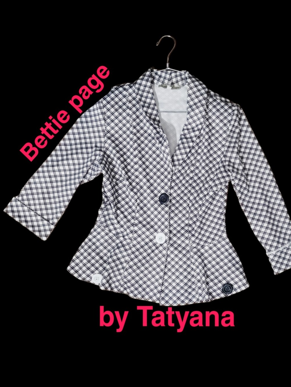 Rare Bettie Page By Tatyana Black and White Plaid Peplum Blazer